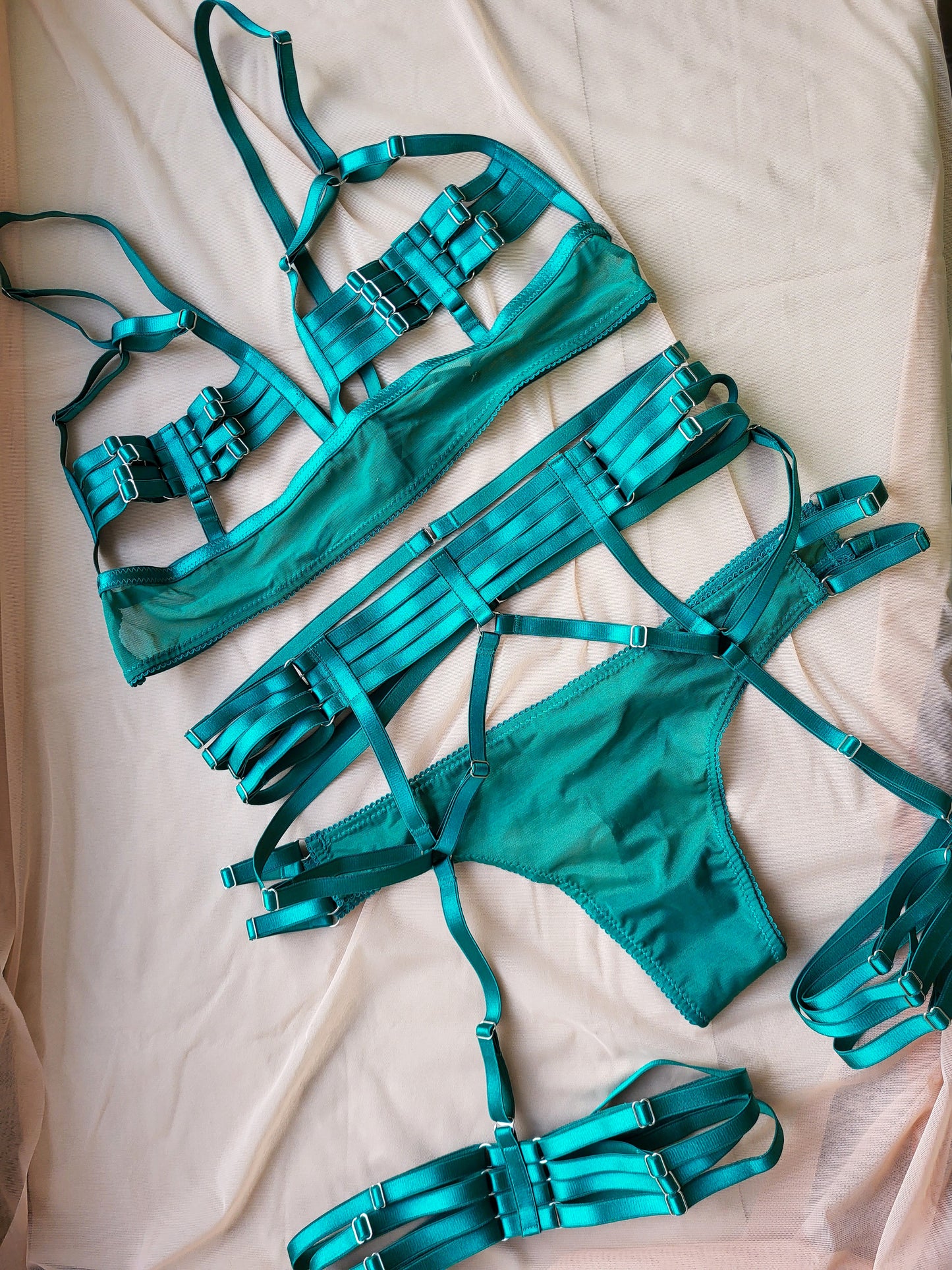 Morgana - emerald green bondage lingerie transparent set