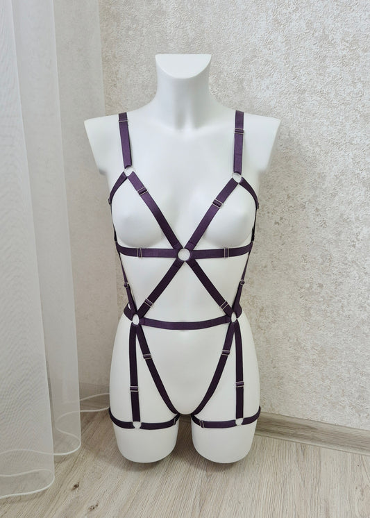 Loki - purple open harness bodysuit with garters