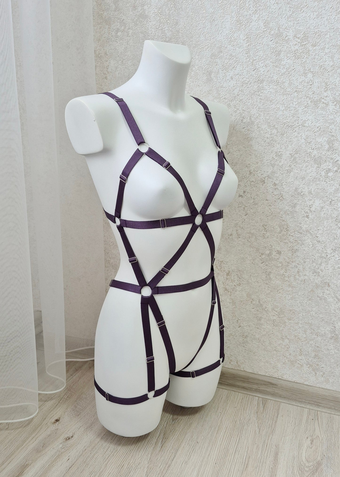 Loki - purple open harness bodysuit with garters