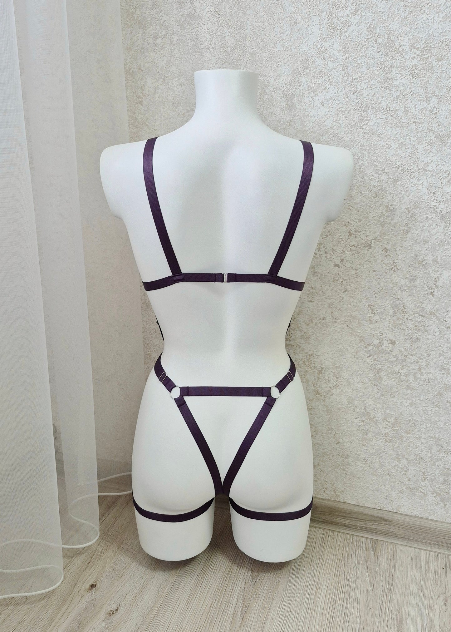 Loki - purple open harness bodysuit with garters