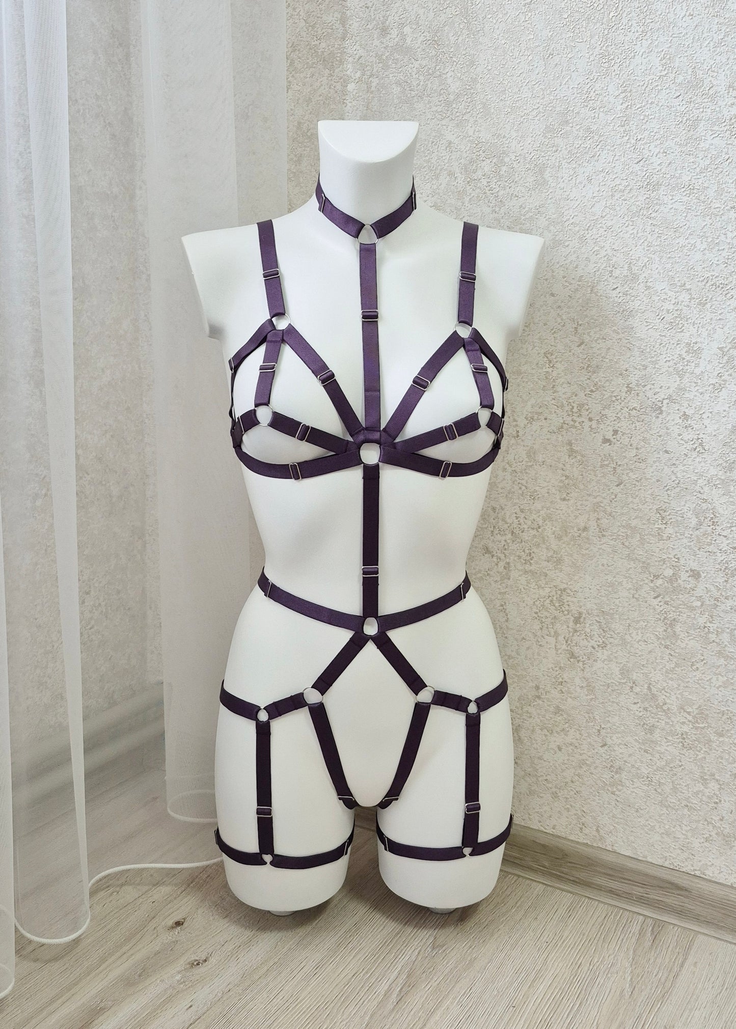 Thor - purple women harness bodysuit with cage bra