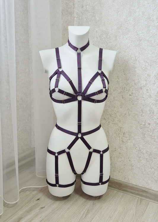 Thor - purple women harness bodysuit with cage bra