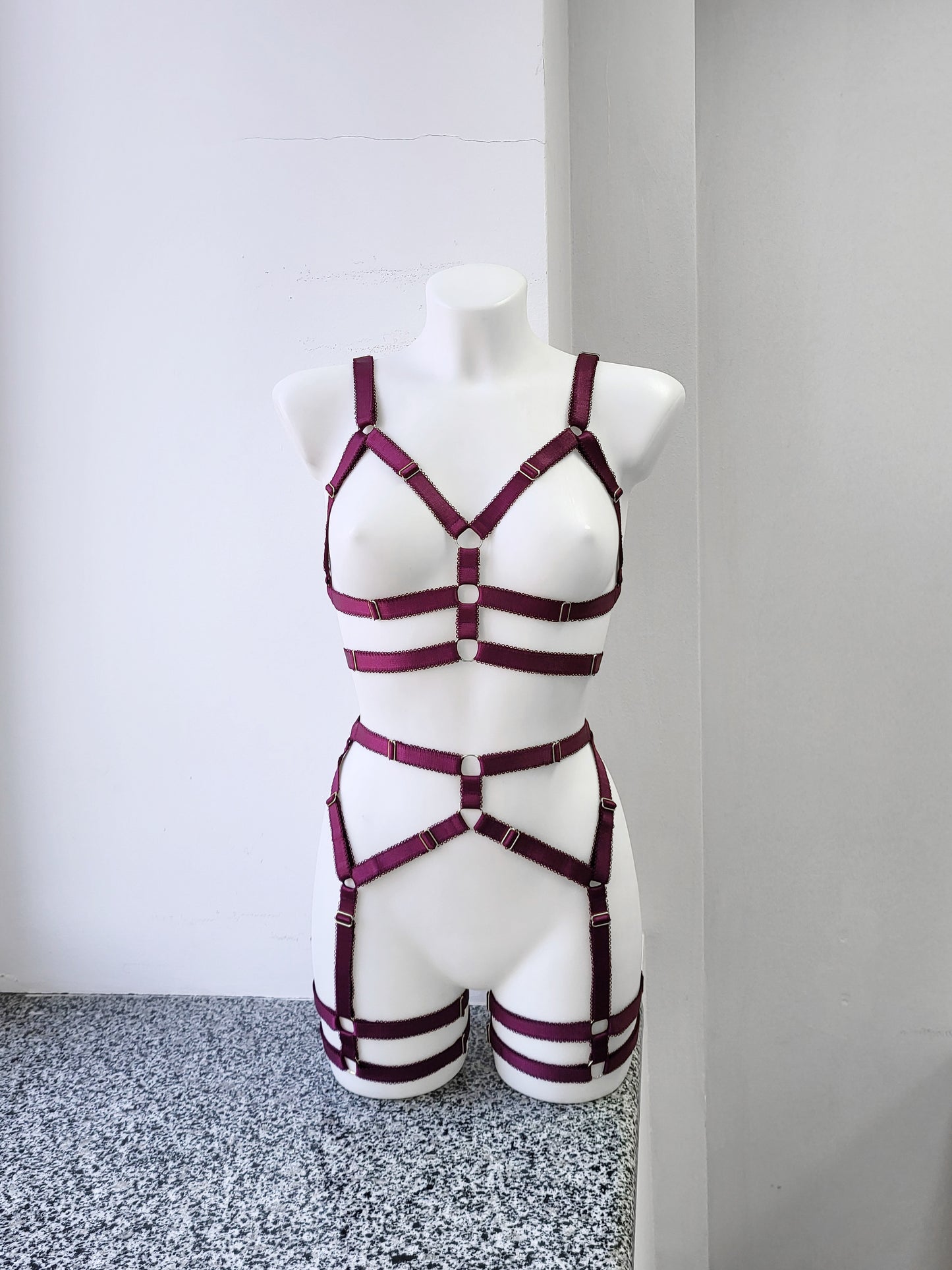 Zorya - burgundy female chest harness and leg garter belt
