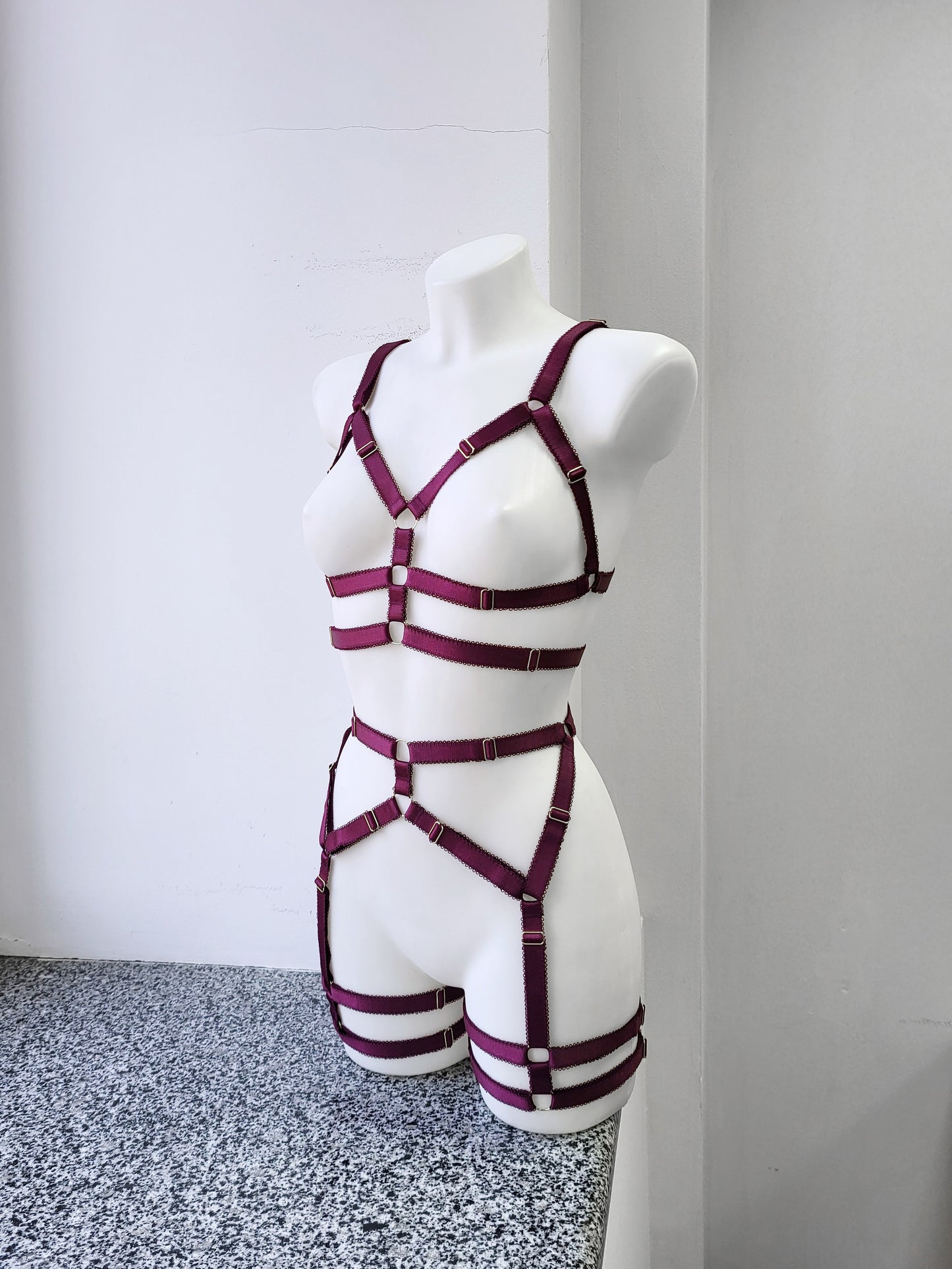 Zorya - burgundy female chest harness and leg garter belt