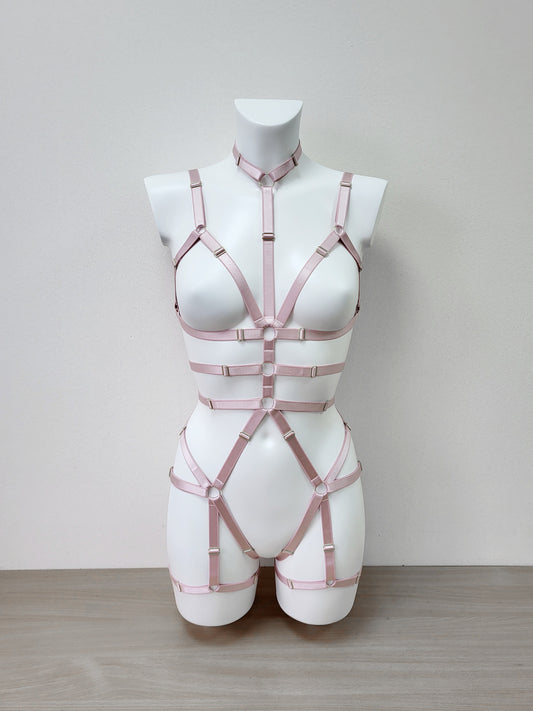 Roksolana - pink women harness bodysuit with garters