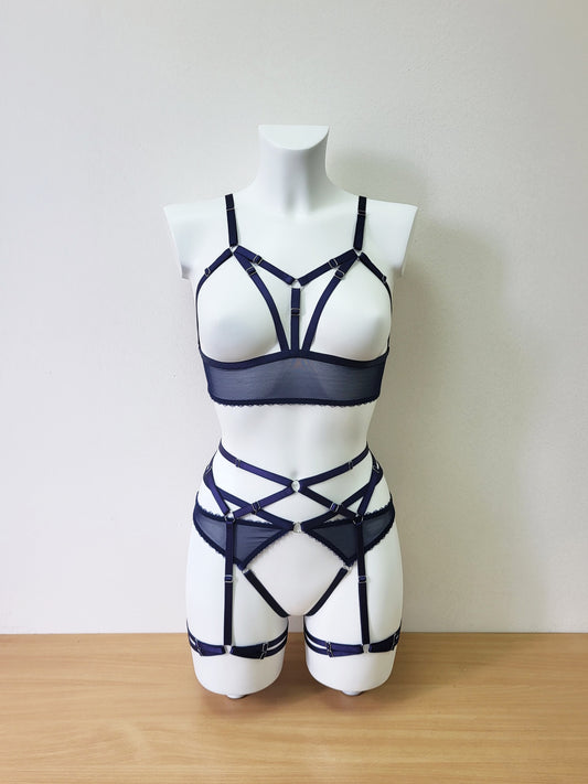 Frigg - mesh blue crotchless women lingerie set