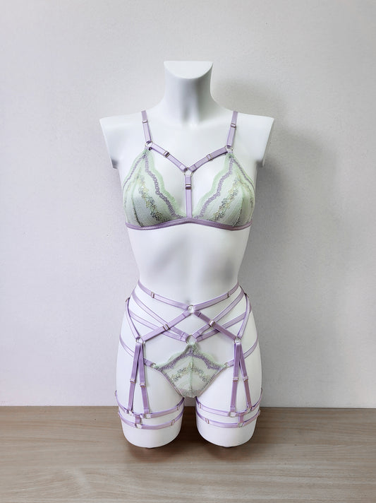 Elaine - open back lace lingerie set with harness details