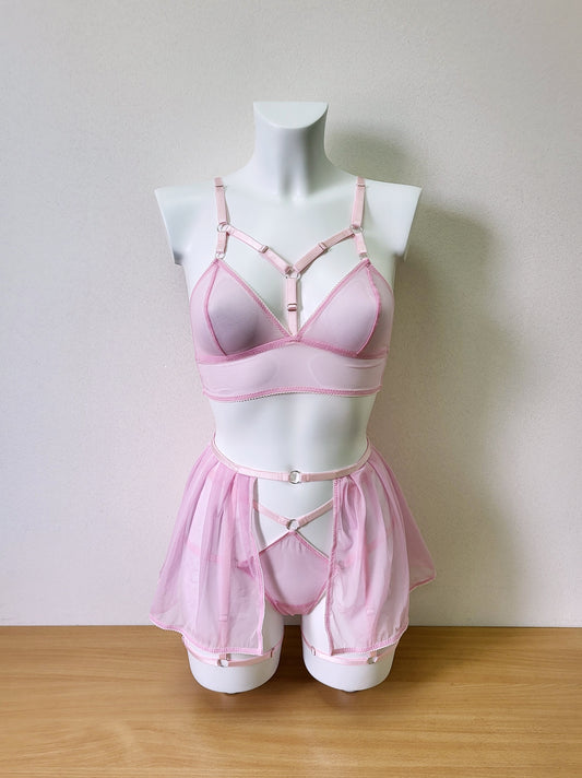 Willow - pink woman transparent lingerie set with skirt garter belt