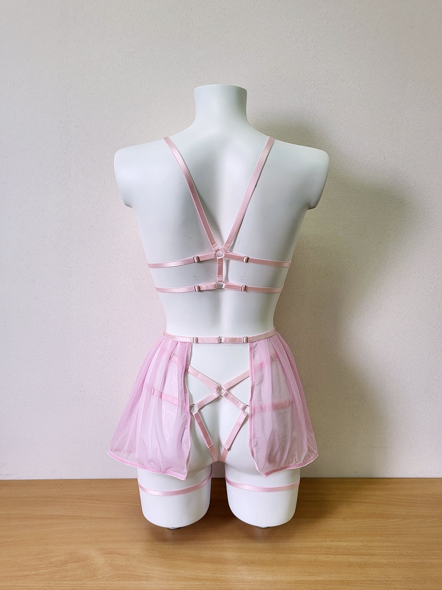 Willow - pink woman transparent lingerie set with skirt garter belt