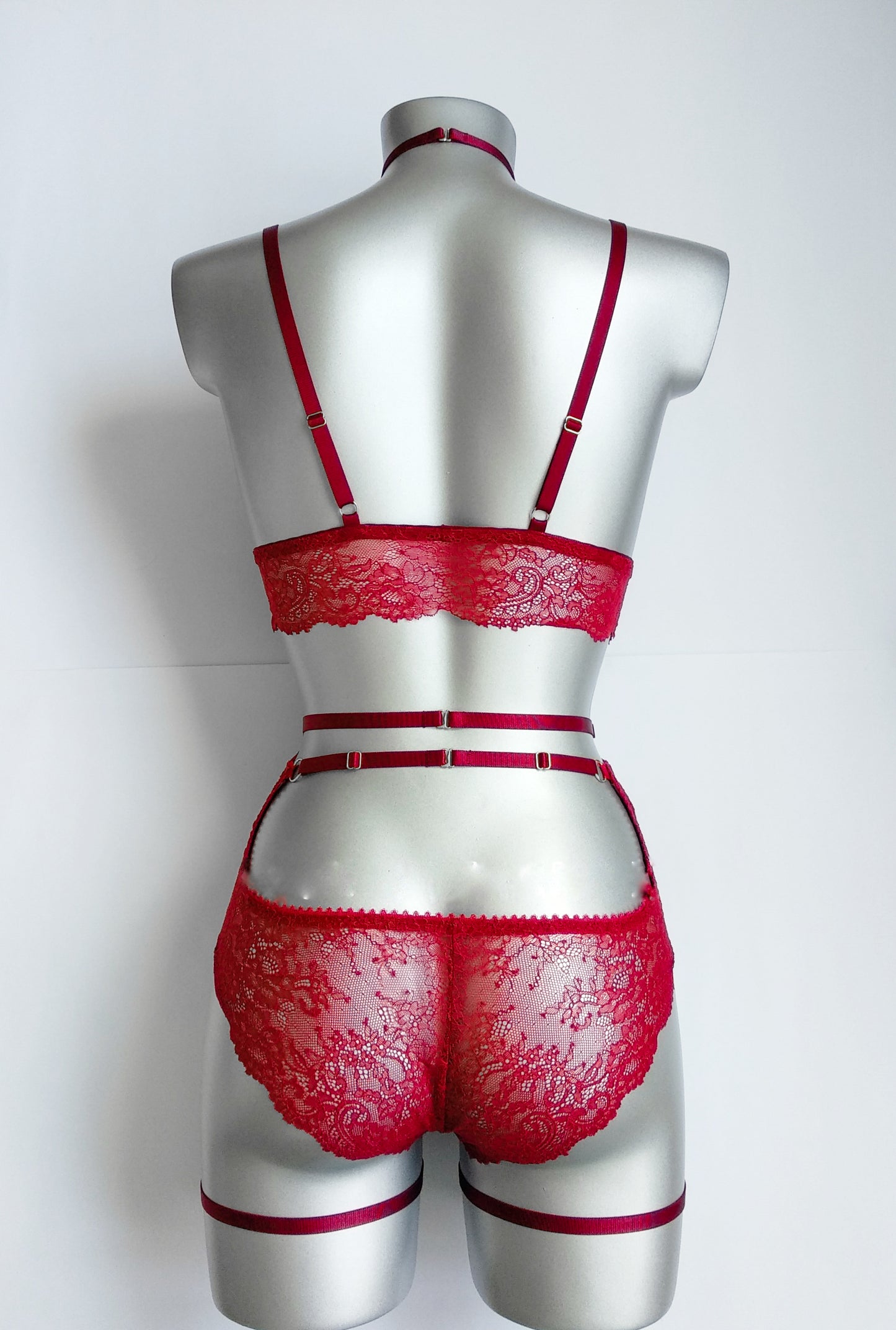 Viviane - red lace lingerie set with high panties and body harness