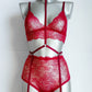Viviane - red lace lingerie set with high panties and body harness