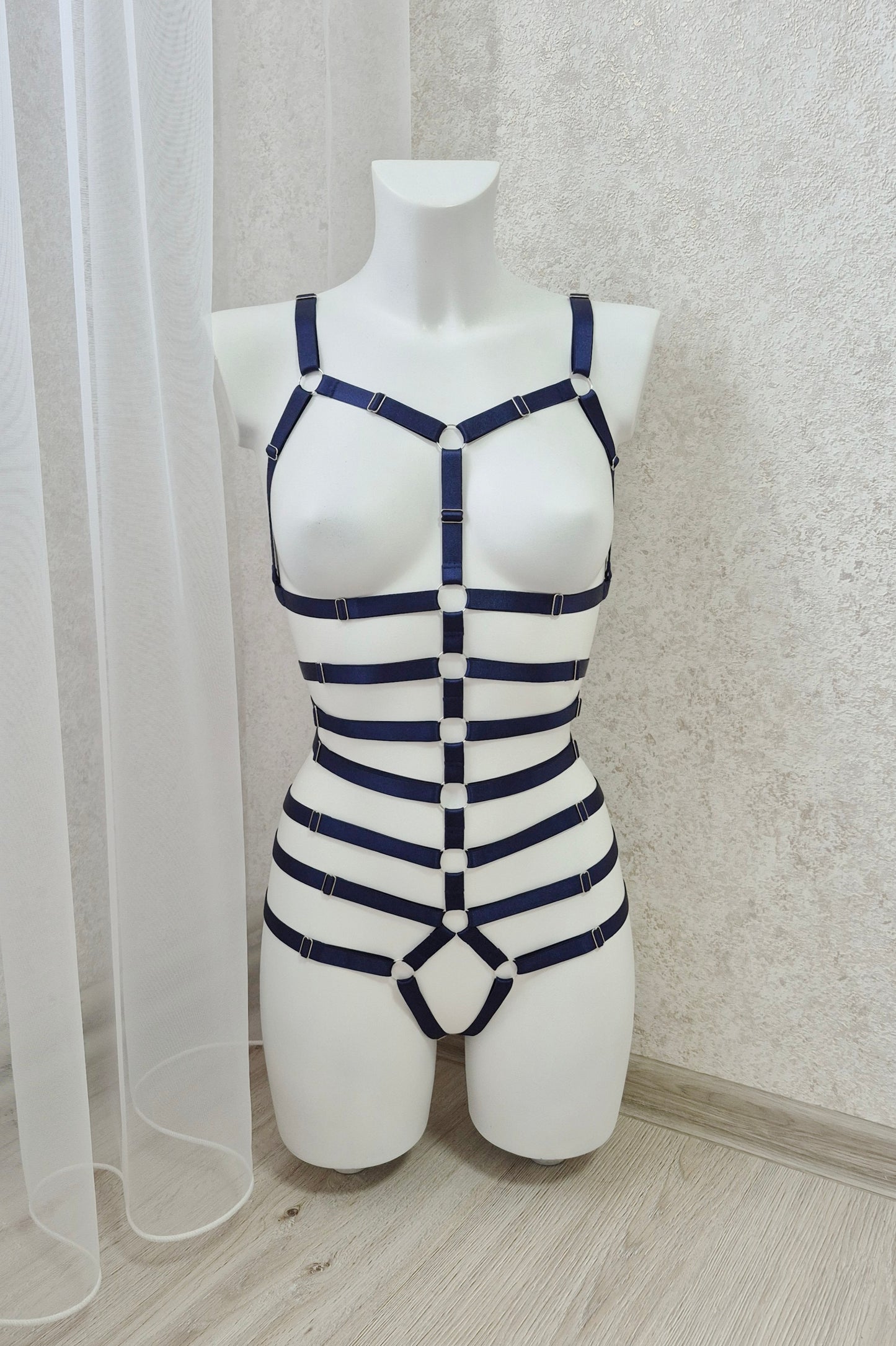 Megaera - navy blue open harness bodysuit lingerie