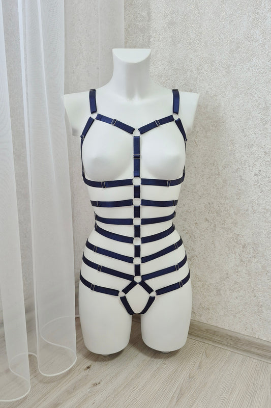 Megaera - navy blue open harness bodysuit lingerie