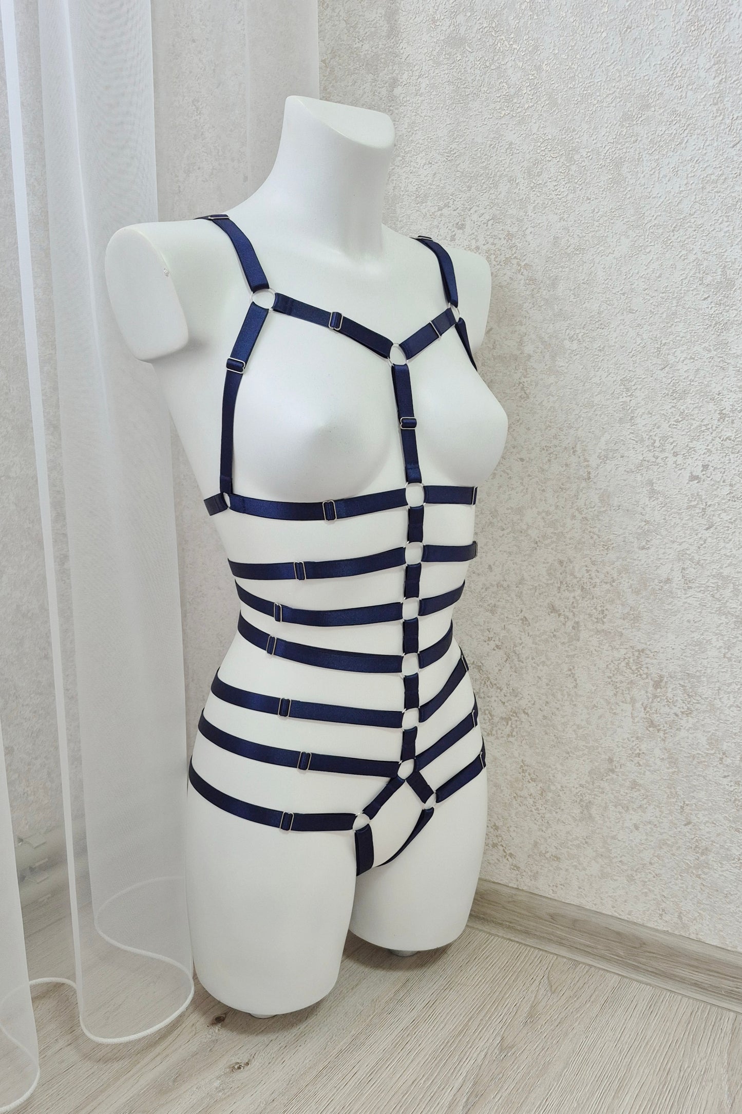 Megaera - navy blue open harness bodysuit lingerie