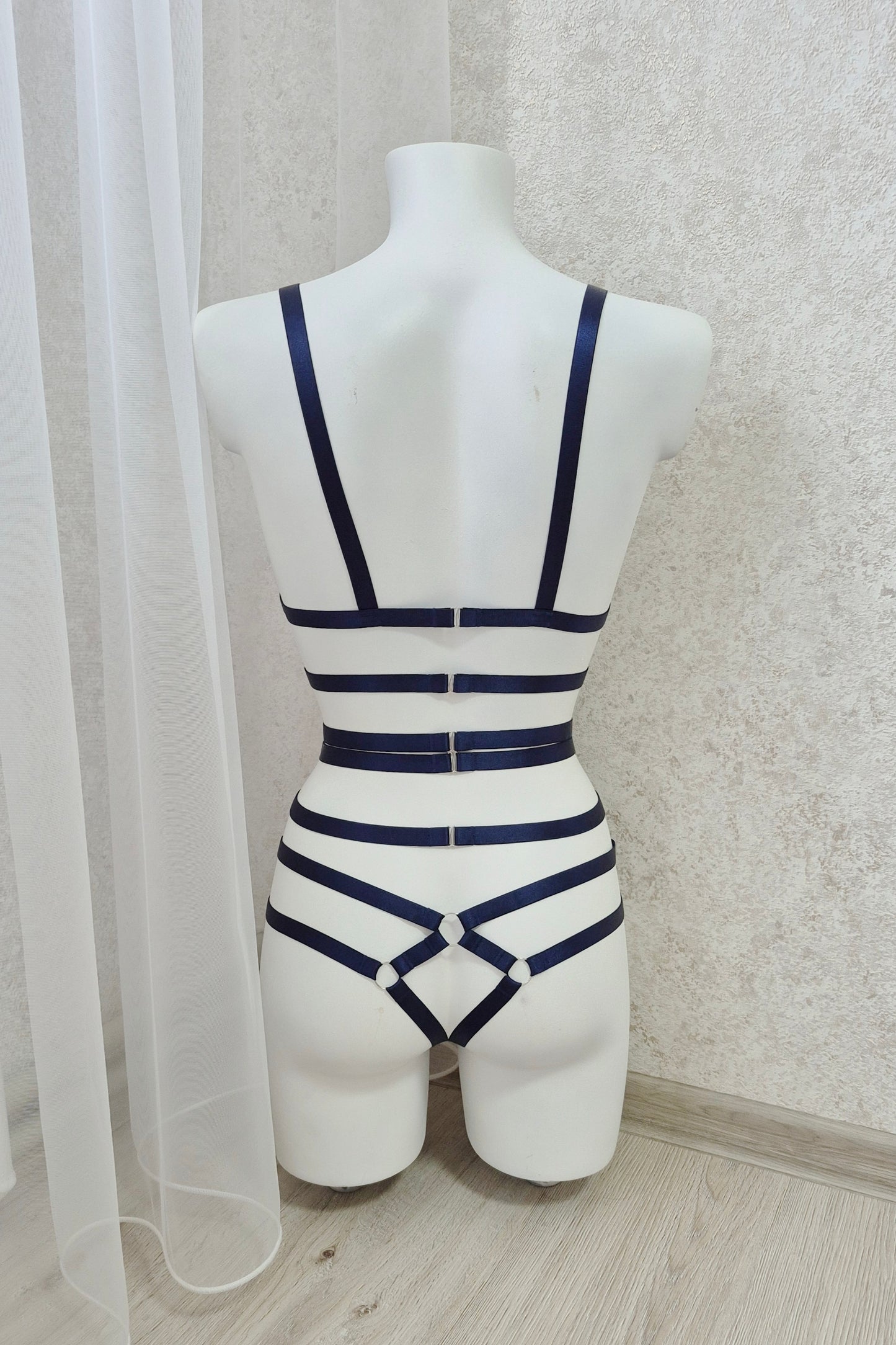 Megaera - navy blue open harness bodysuit lingerie