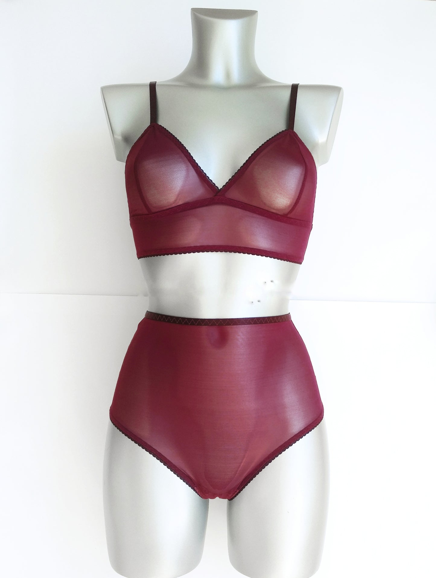 Jasmine - wine mesh lingerie set with high panties