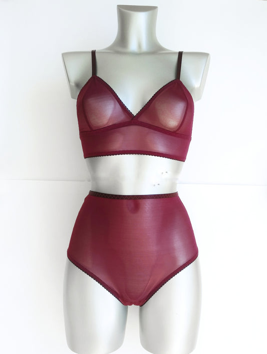 Jasmine - wine mesh lingerie set with high panties