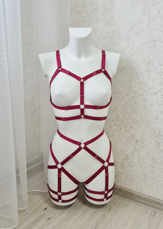 Baldur - burgundy women harness lingerie set with garter belt