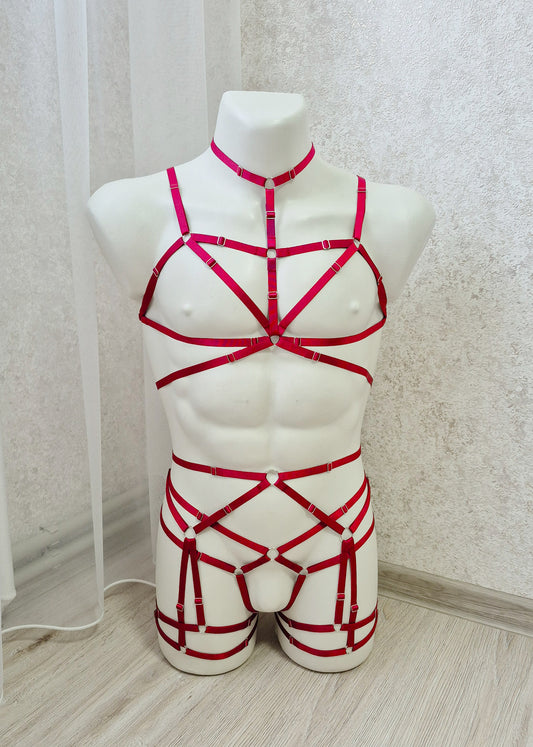 Vali men - red crotchless harness lingerie set