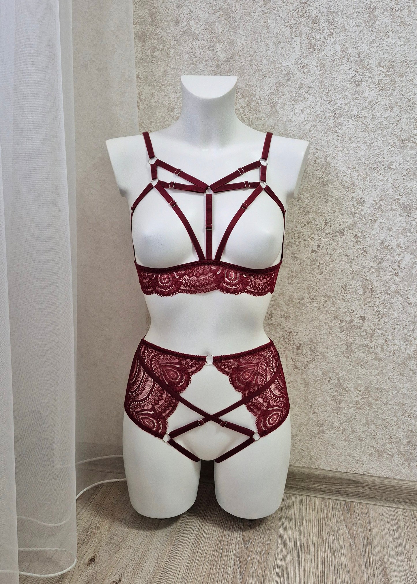 Freya - sheer burgundy lingerie set