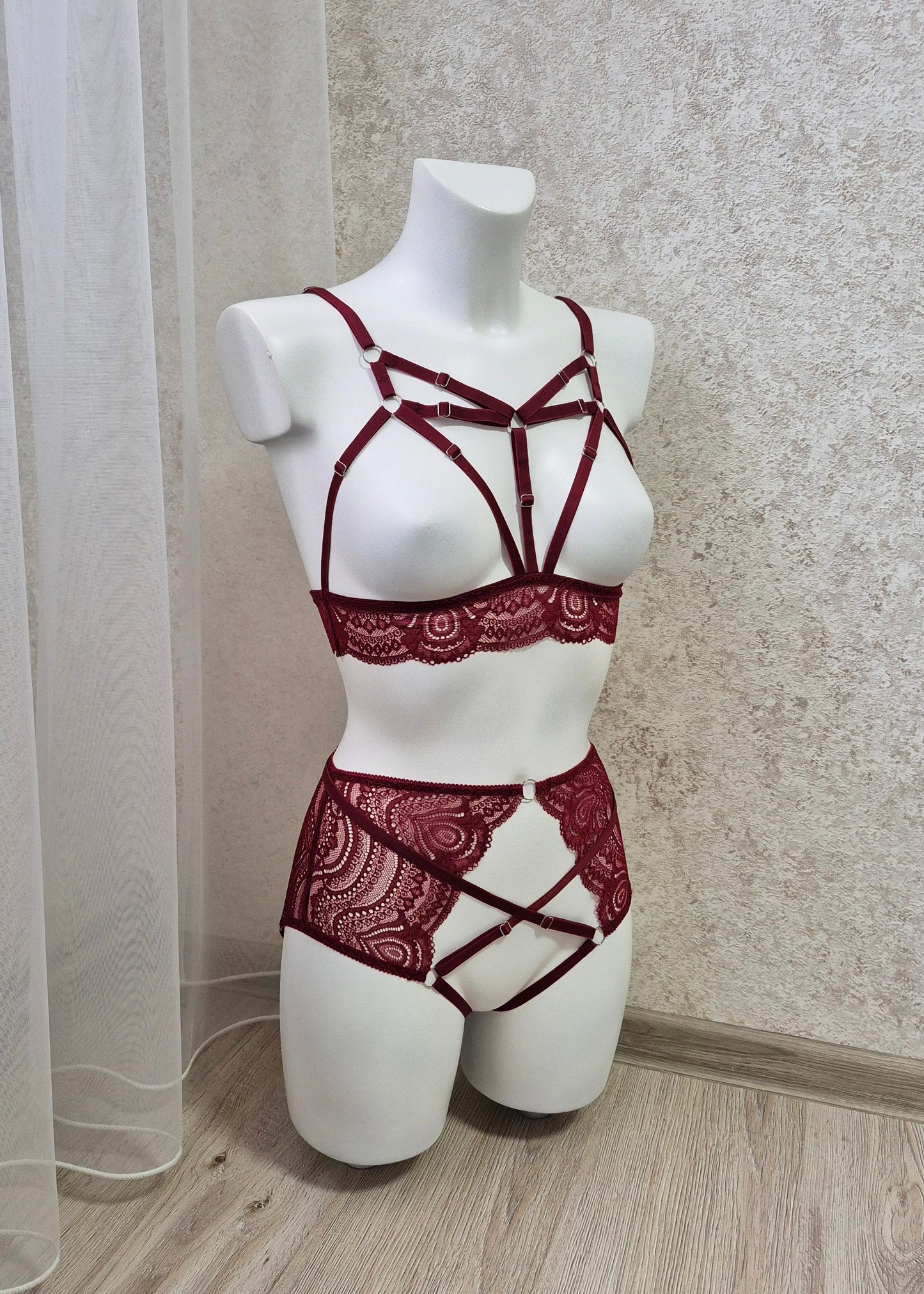 Freya - sheer burgundy lingerie set