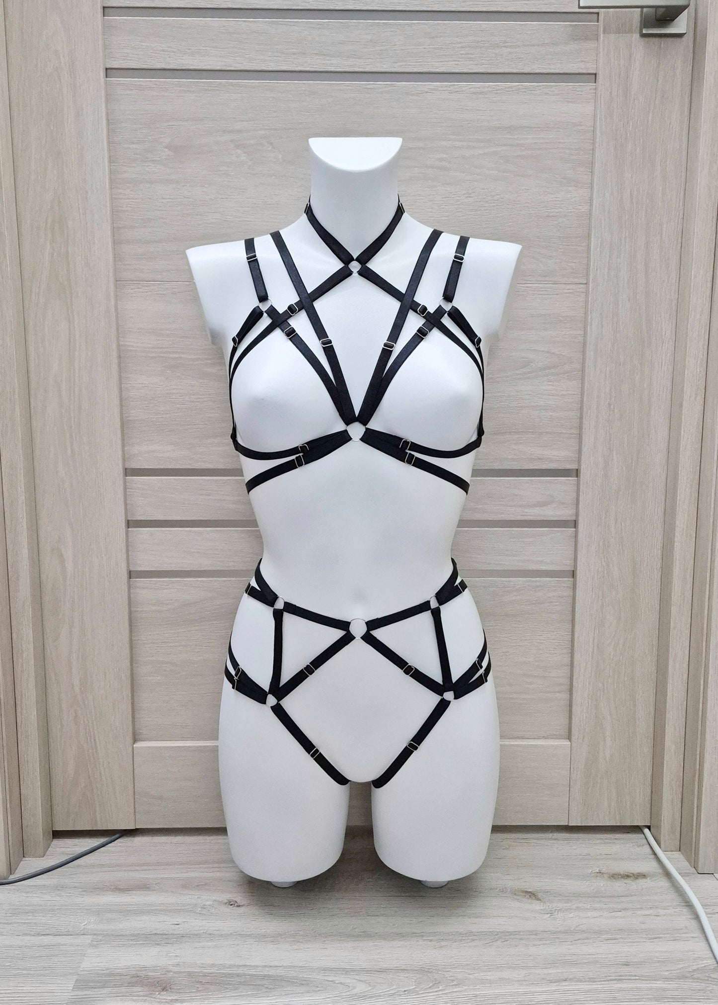 Saga II - black crotchless lingerie set harness