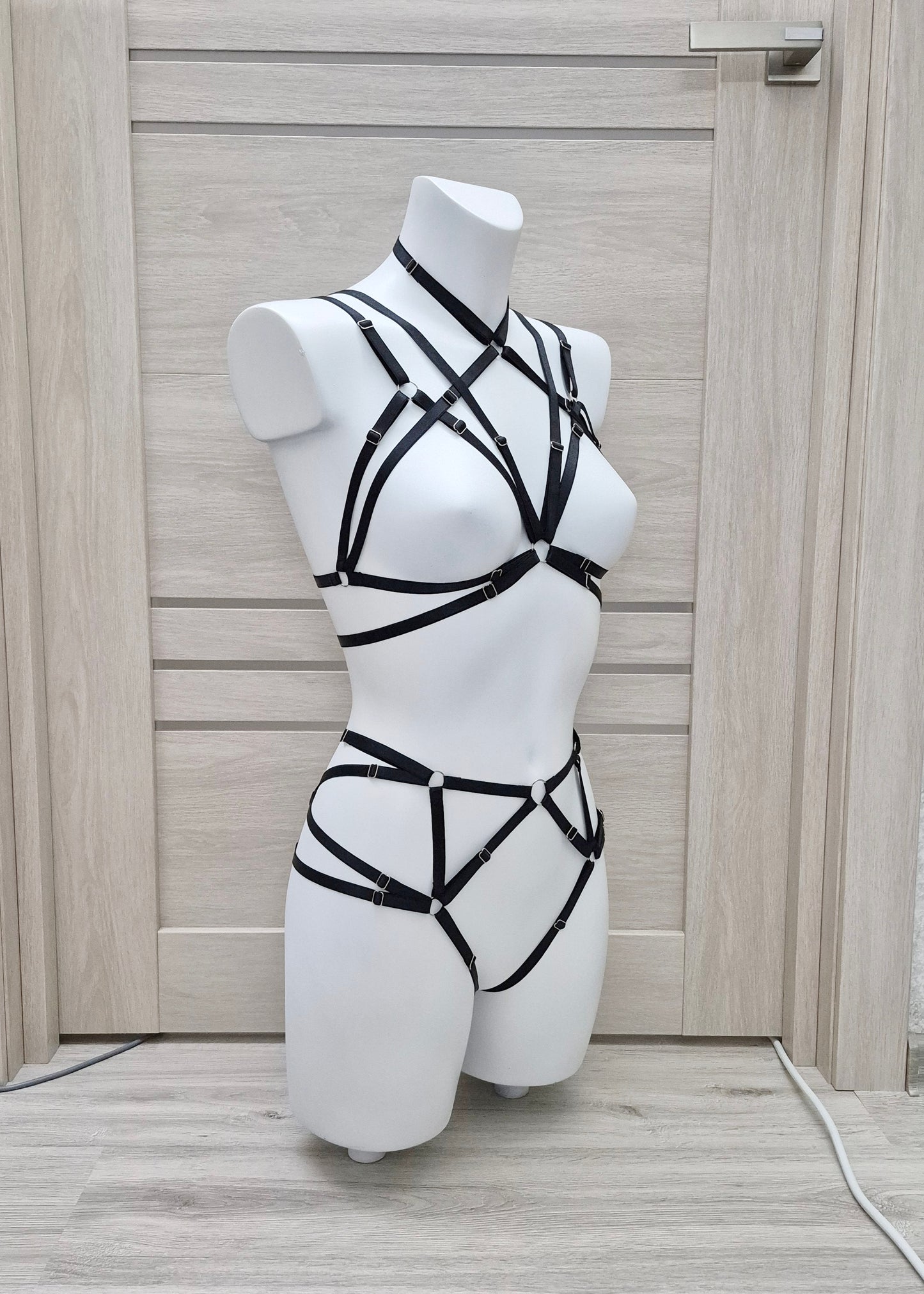 Saga II - black crotchless lingerie set harness