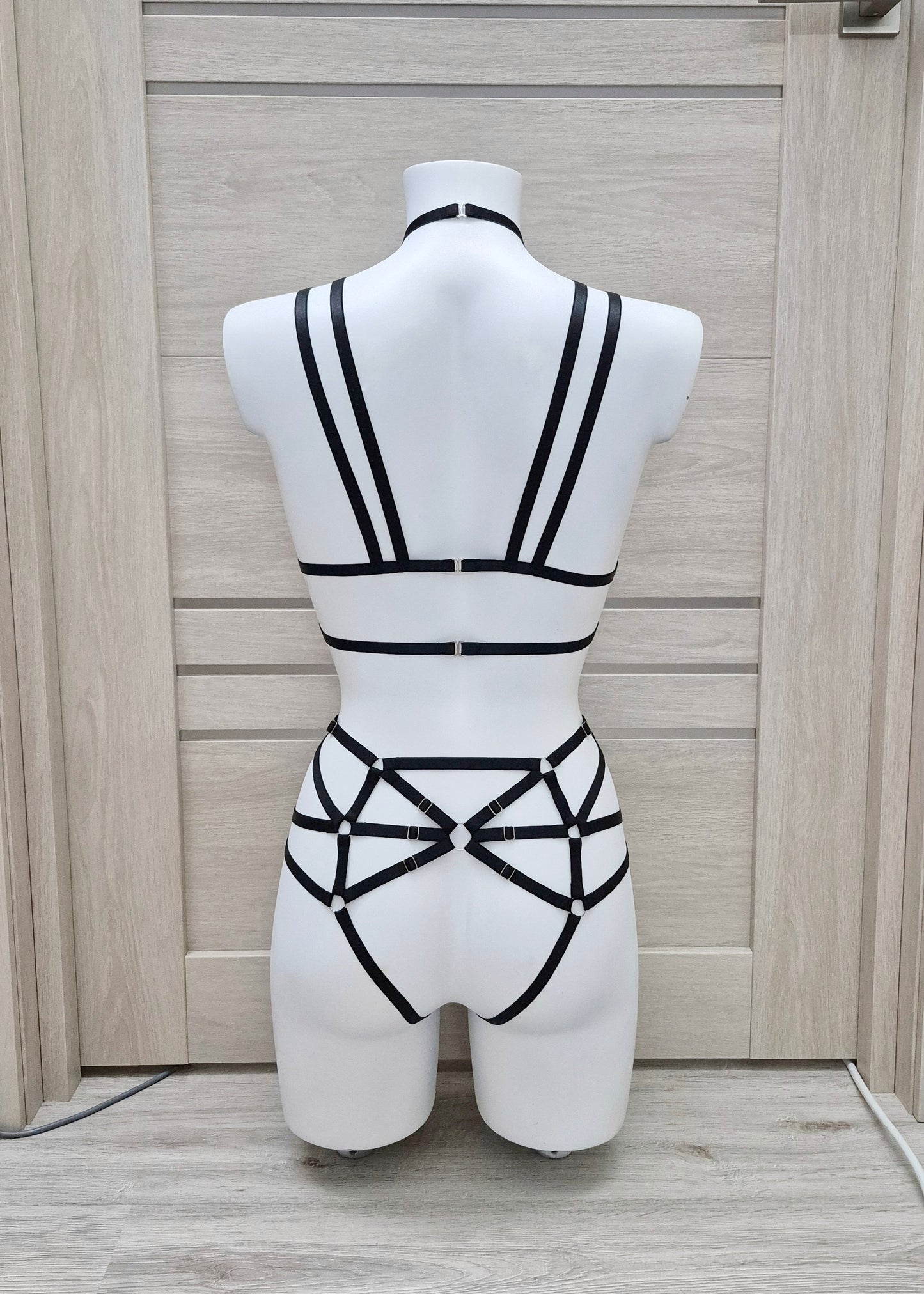 Saga II - black crotchless lingerie set harness