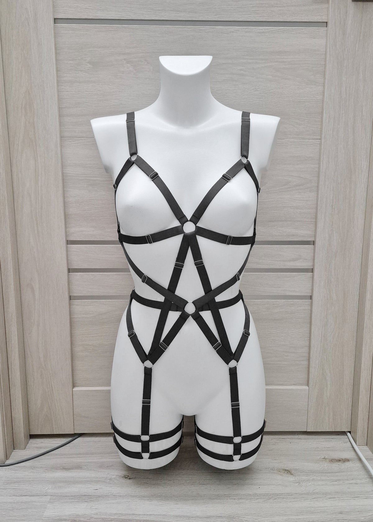 Hecate II - black harness lingerie with leg garters