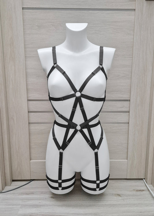 Hecate II - black harness lingerie with leg garters