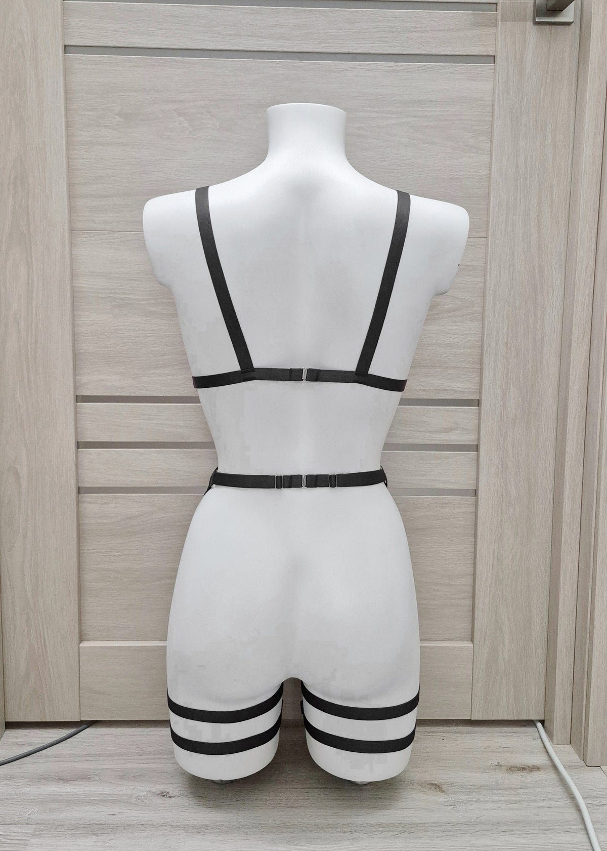 Hecate II - black harness lingerie with leg garters