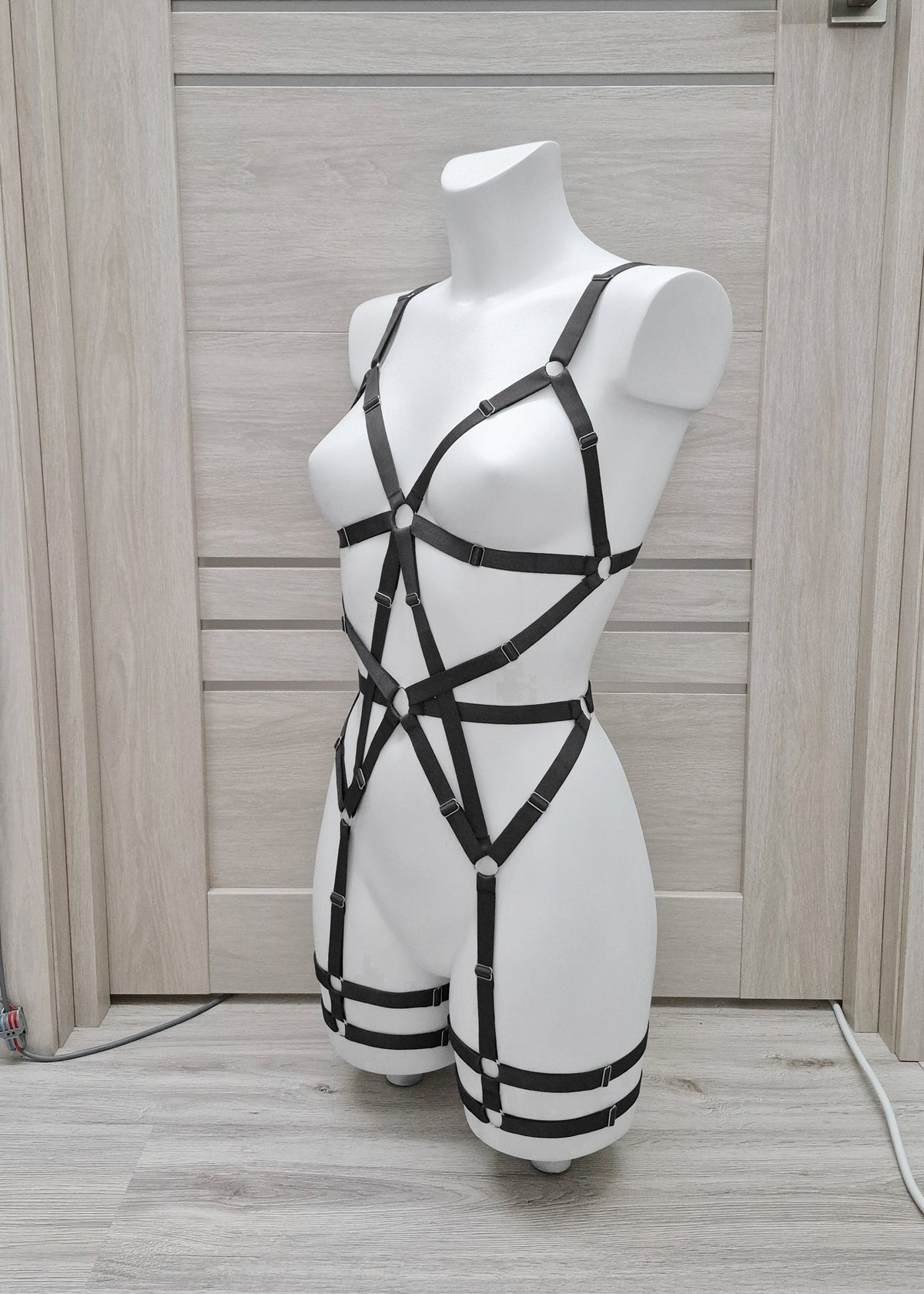 Hecate II - black harness lingerie with leg garters