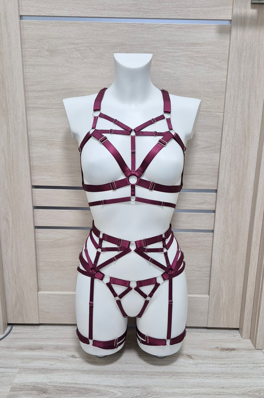 Chaos - burgundy harness lingerie set