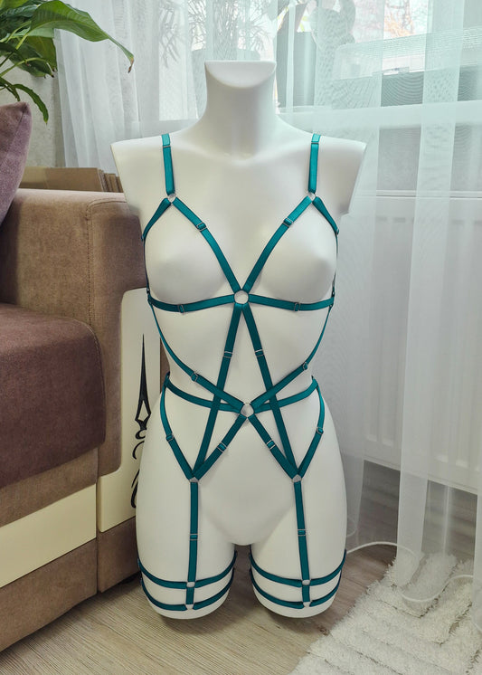 Hecate - emerald green open harness bodysuit
