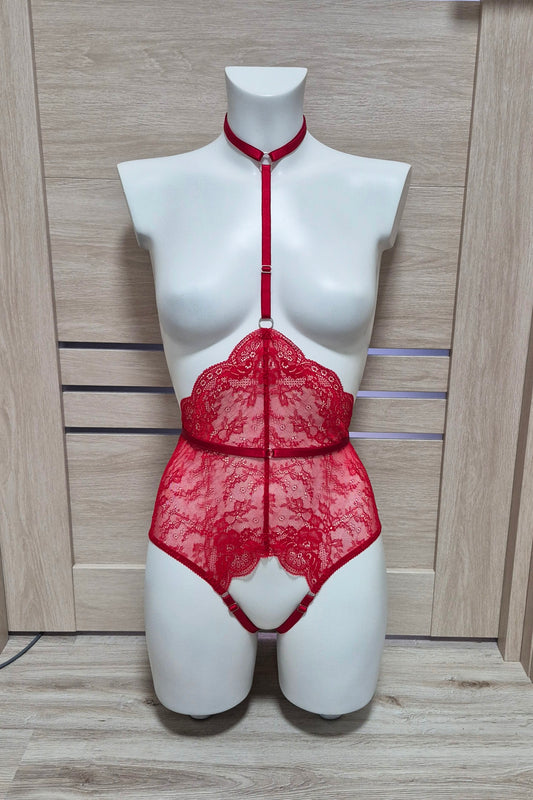 Calliope - red open crotch bodysuit with collar harness