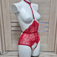 Calliope - red open crotch bodysuit with collar harness