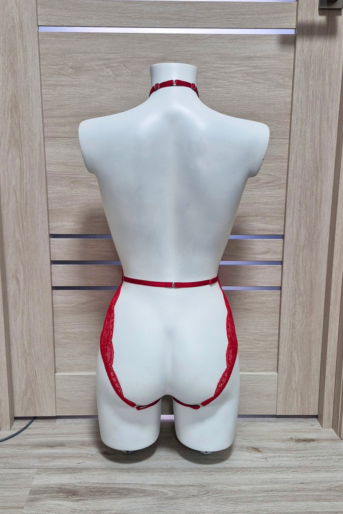 Calliope - red open crotch bodysuit with collar harness