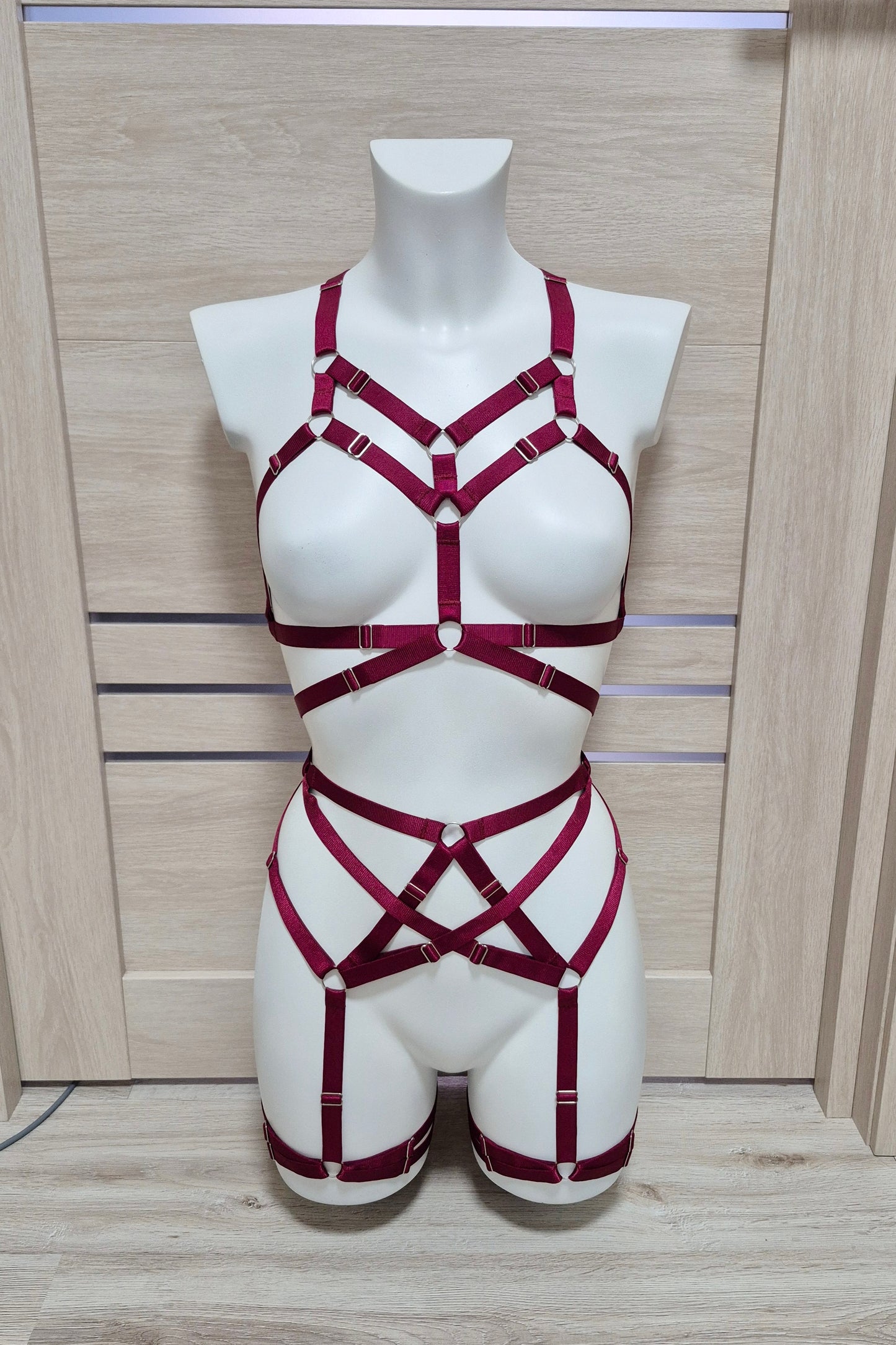 Sif - burgundy female harness lingerie set