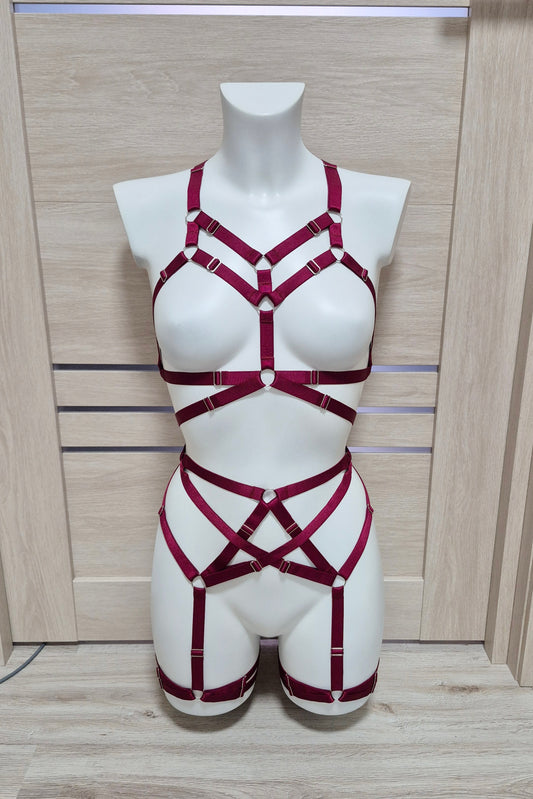 Sif - burgundy female harness lingerie set