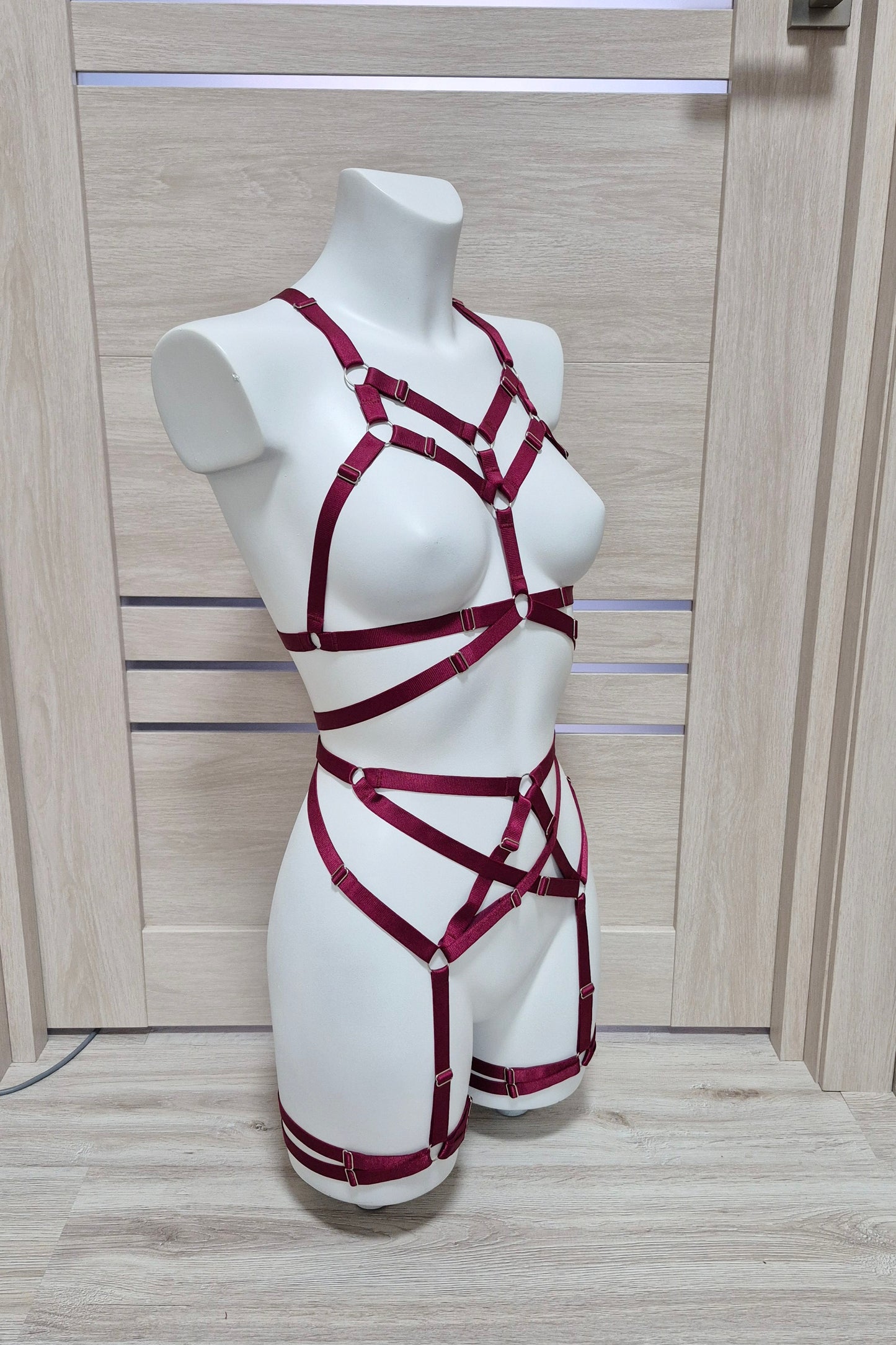 Sif - burgundy female harness lingerie set