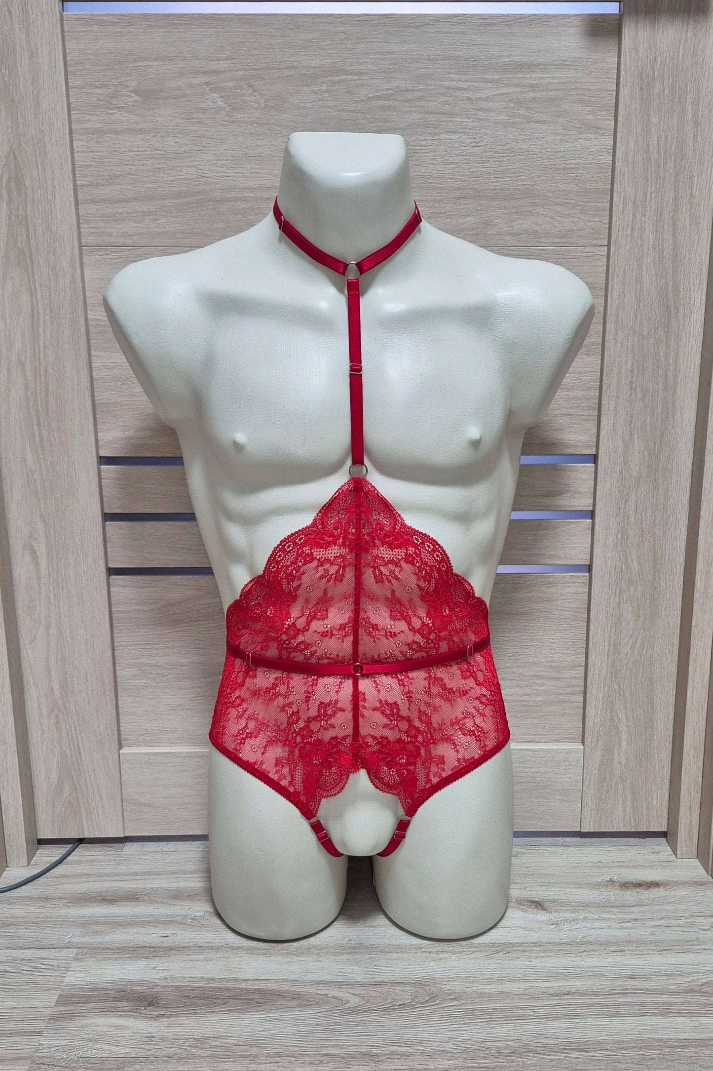 Calliope men - red open crotch bodysuit male