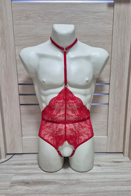 Calliope men - red open crotch bodysuit male