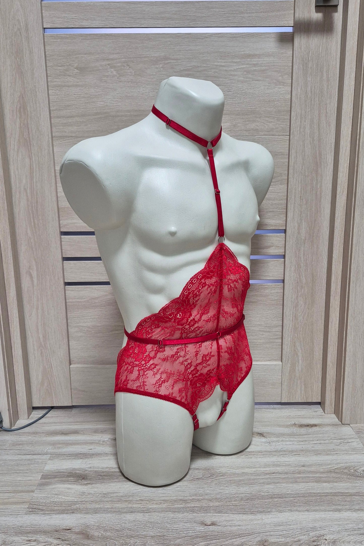 Calliope men - red open crotch bodysuit male