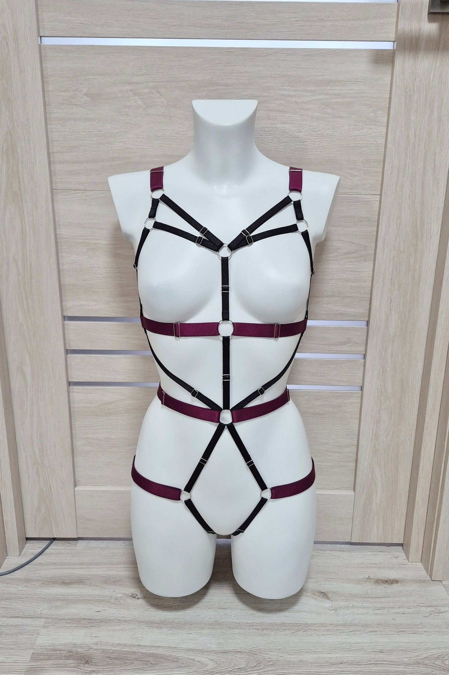 Latis - burgundy and black harness lingerie bodysuit for women