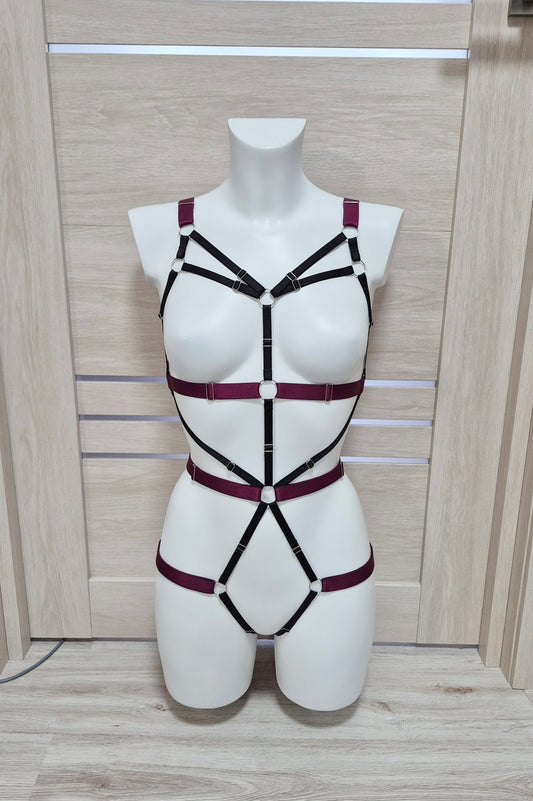 Latis - burgundy and black harness lingerie bodysuit for women