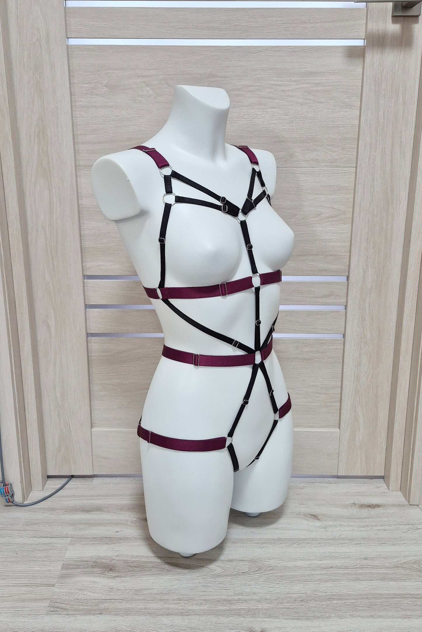 Latis - burgundy and black harness lingerie bodysuit for women