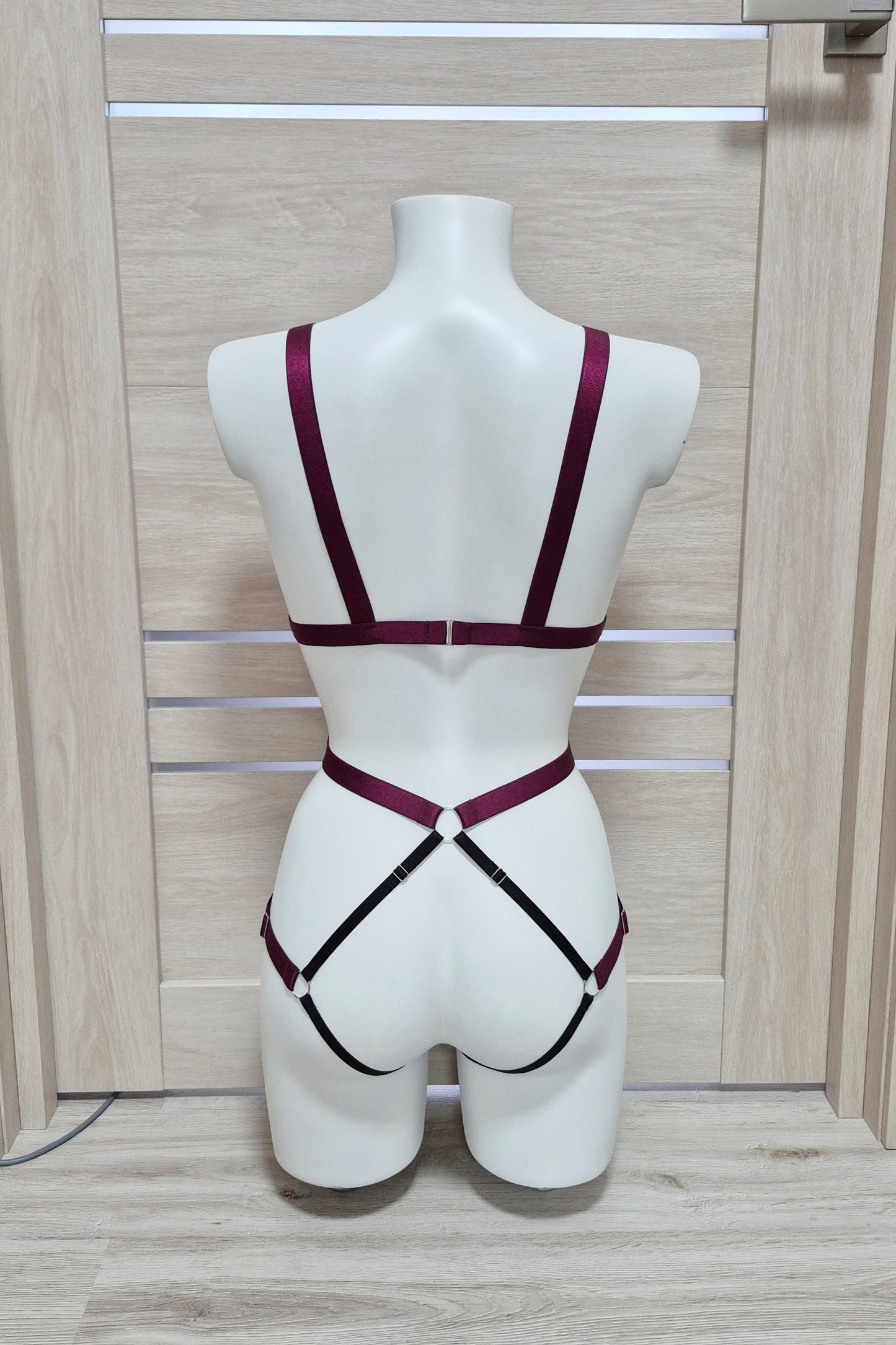 Latis - burgundy and black harness lingerie bodysuit for women