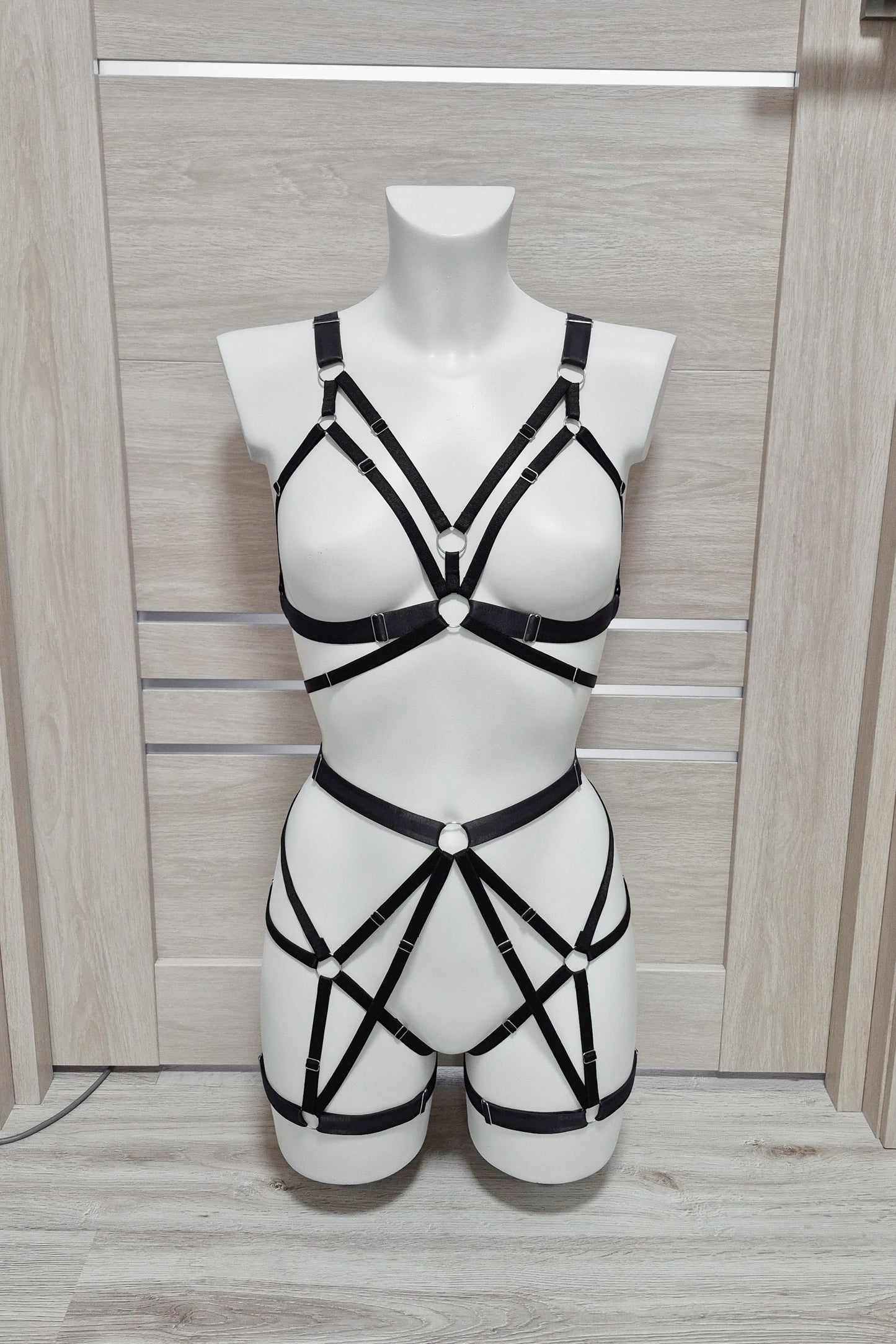 Hemera - black harness lingerie with leg garter belt