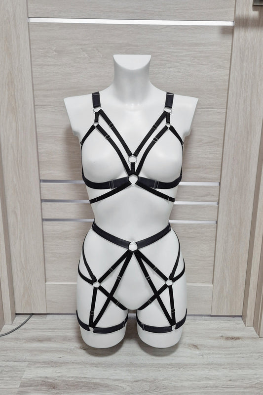Hemera - black harness lingerie with leg garter belt