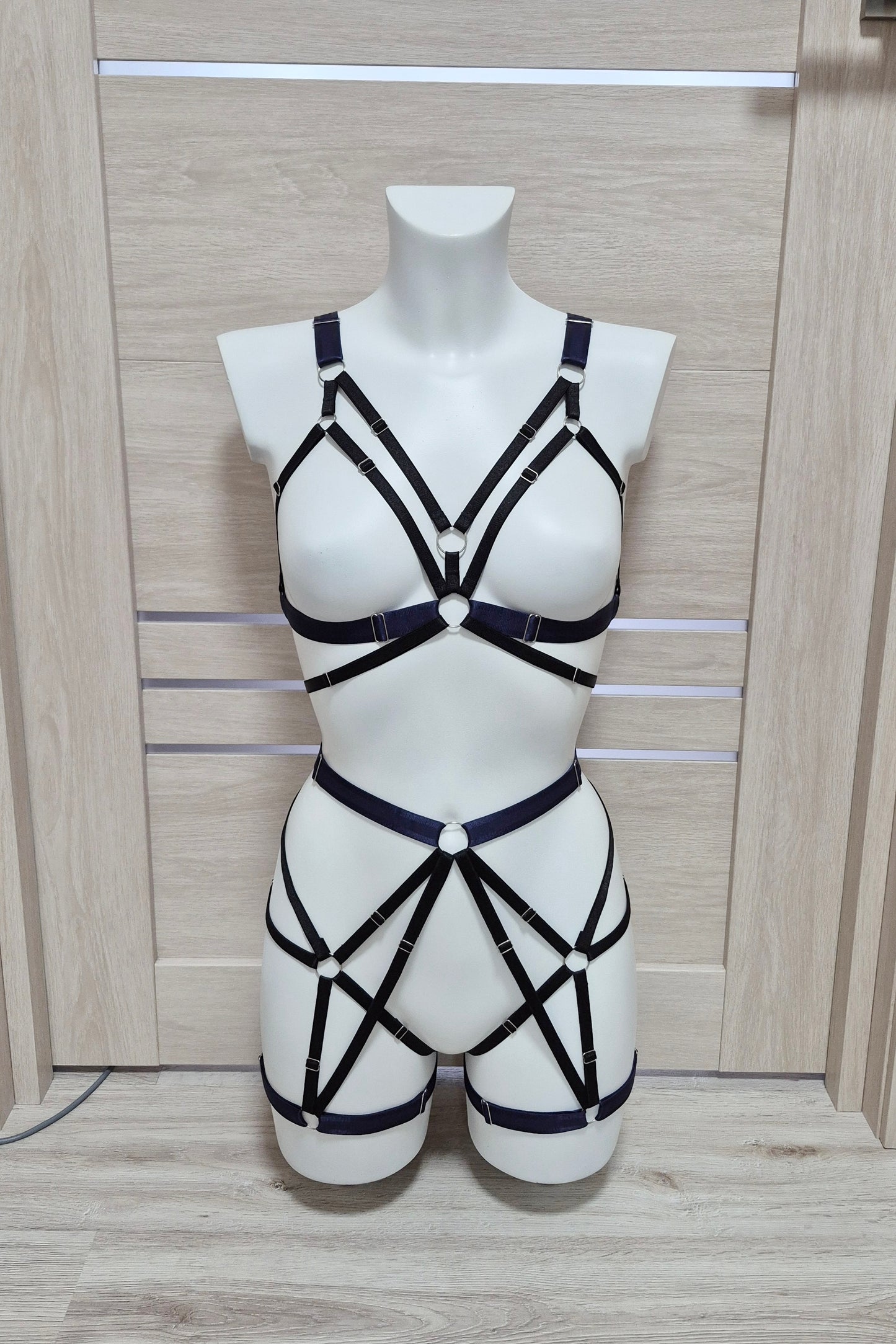 Hemera - navy blue female harness lingerie set with leg garters